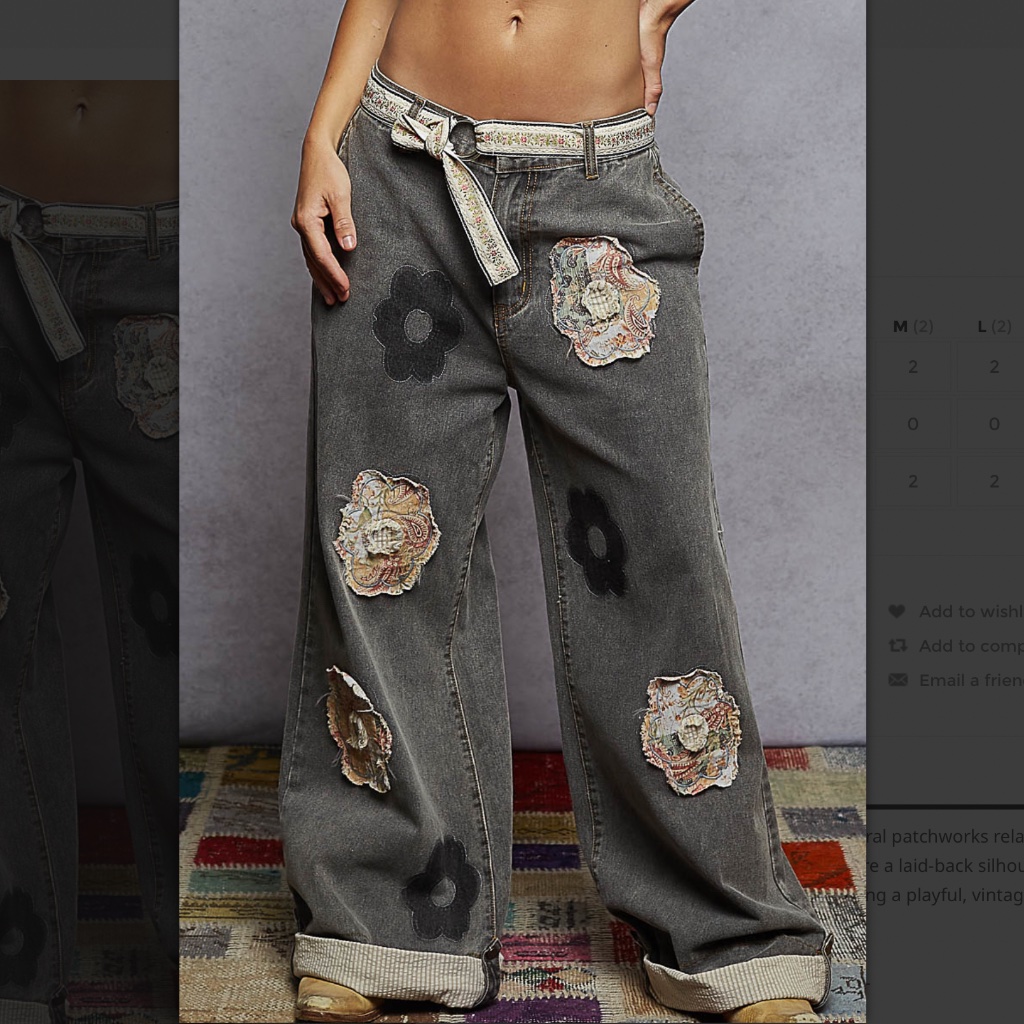 Pol Women's Straight Leg Jeans In Washed Gray With Floral Patches